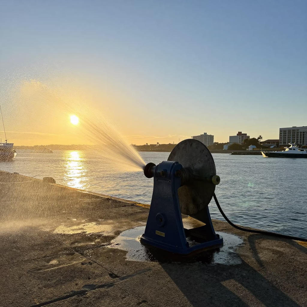 Durban harbor hydrophone winch spraying droplets into golden nautical dawn light in in Durban, South Africa