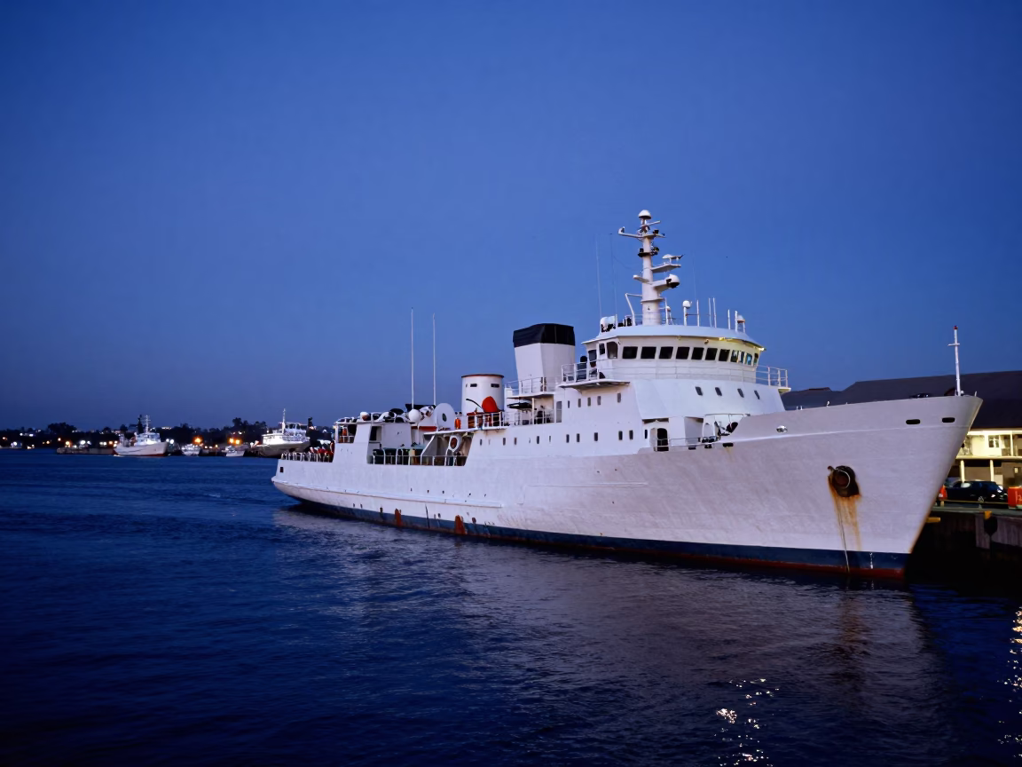 Durban Harbor Indigo Twilight Research Vessel Stern and Coastal Street Life in in Durban, South Africa