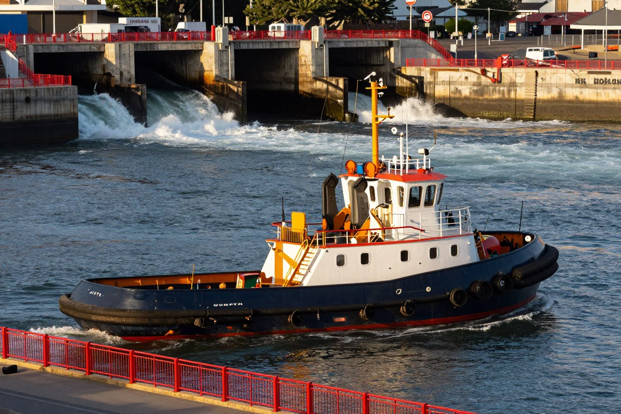 Durban Harbor Late Morning Tugboat and Red Railings in in Durban, South Africa