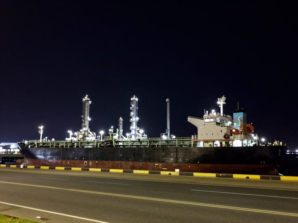 Durban Harbor Night Scene with Tanker Ship at Refinery Dock Under Deep Sky in in Durban, South Africa