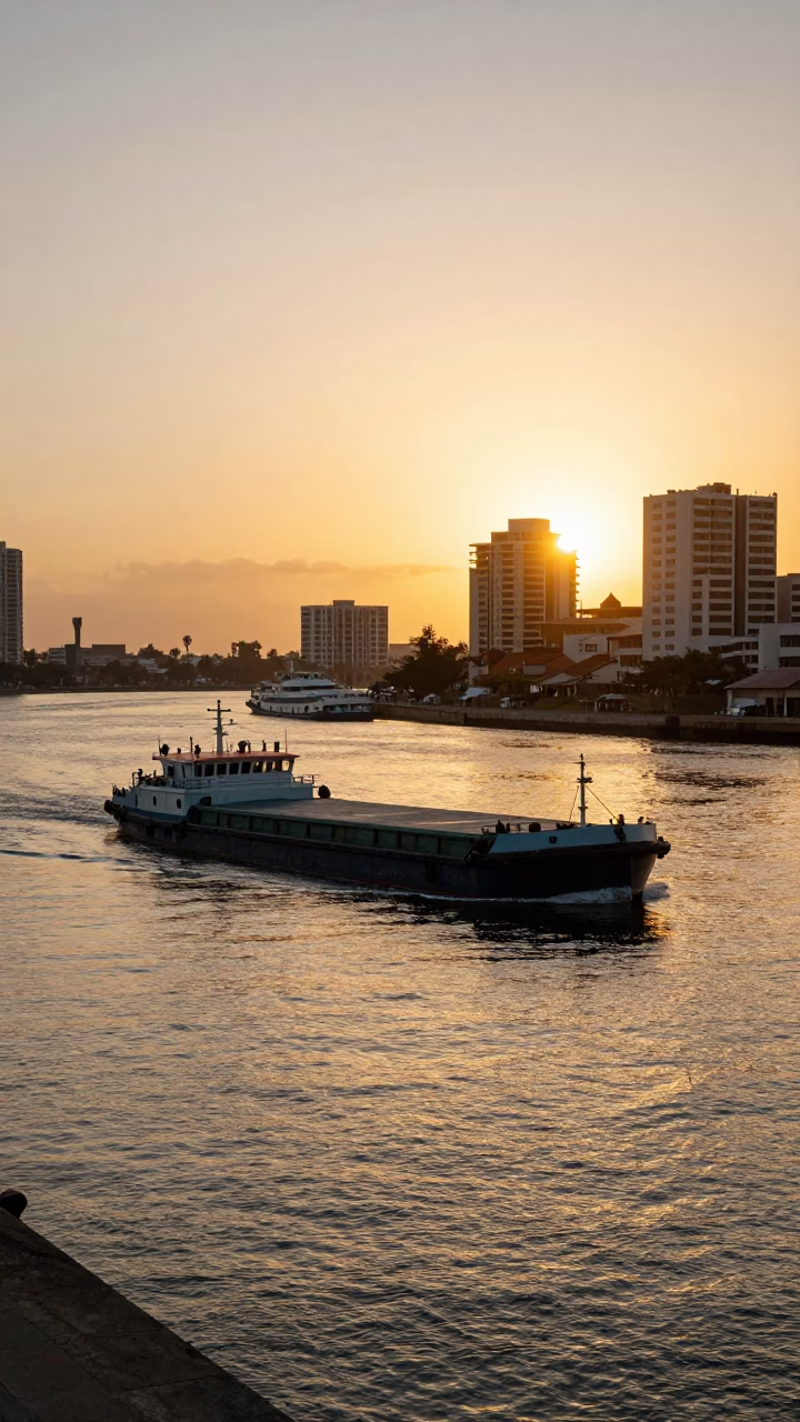 Durban harbor sunset scene with barge navigating canal and gardenia bush in in Durban, South Africa