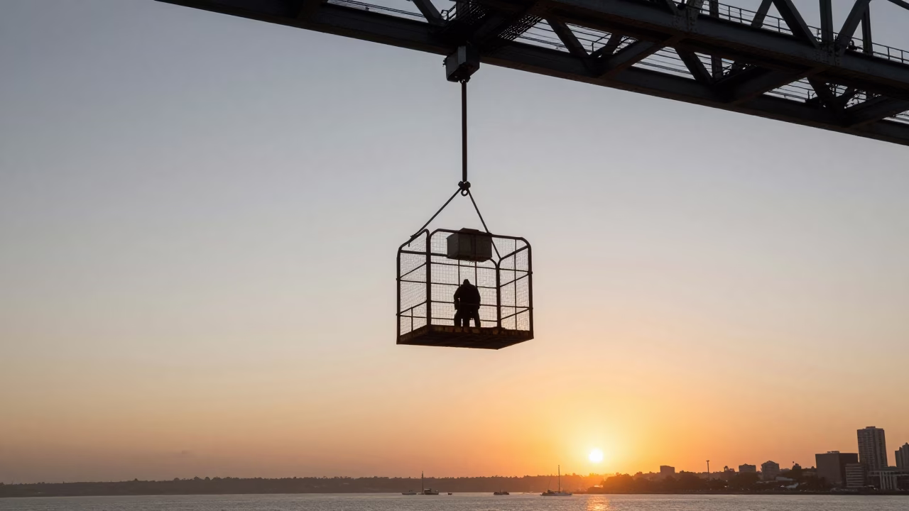 Durban Harbour Bridge Maintenance Cage Swinging in Sunset Light in in Durban, South Africa
