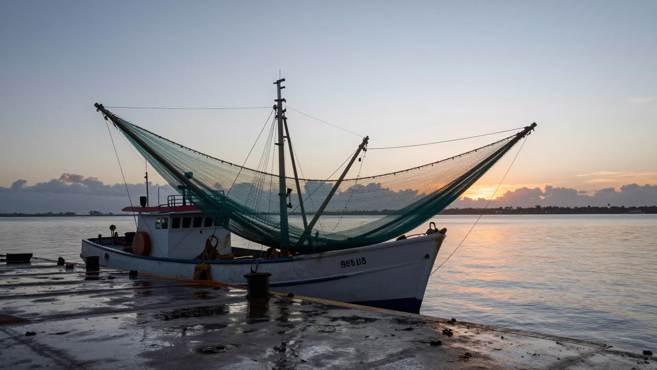 Durban Harbour Shrimp Trawler Nets at Nautical Dawn in in Durban, South Africa