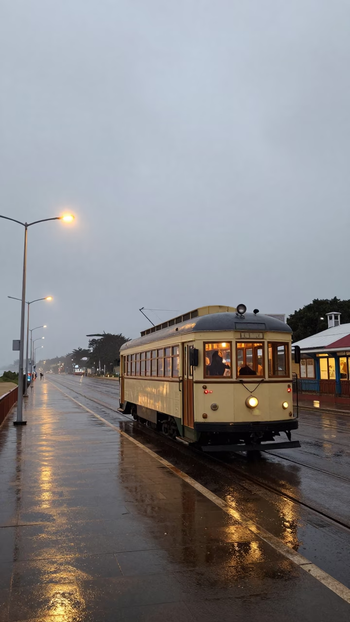 Durban Heritage Tram at The Still Hours Before Dawn Light in in Durban, South Africa