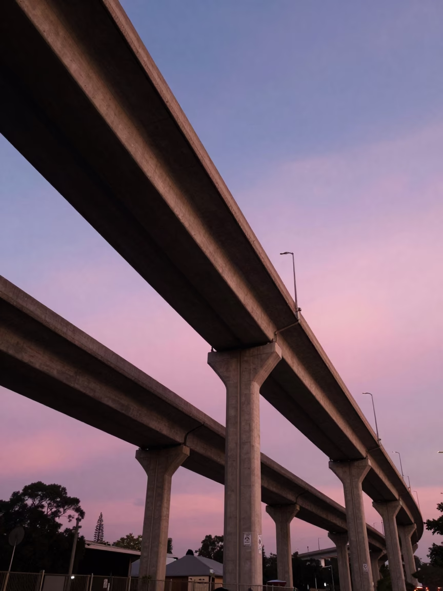Durban Highway Flyover Stack Against Pink Evening Sky at Blue Hour in in Durban, South Africa