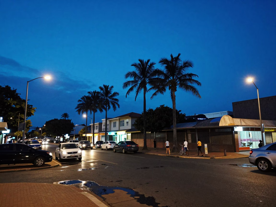 Durban indigo twilight street scene with oil-sheen puddles and local street food vendor in in Durban, South Africa