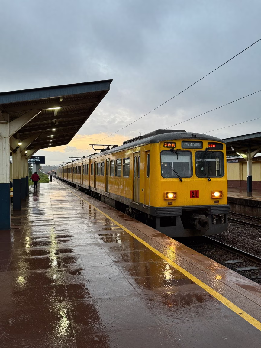 Durban Metro Train Arriving at Art-Adorned Station During Early Evening Rush Hour in in Durban, South Africa