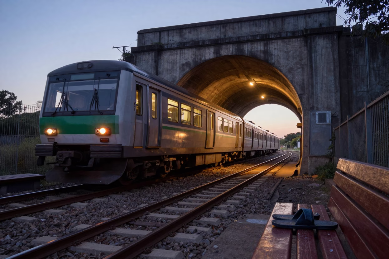 Durban Metro Train Emerging from Tunnel at Dawn with Urban Street Details in in Durban, South Africa
