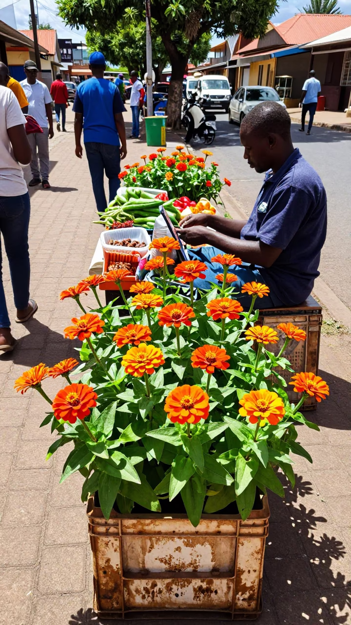 Durban Midday Street Scene with Vibrant Orange Zinnias and Local Colorful Architecture in in Durban, South Africa