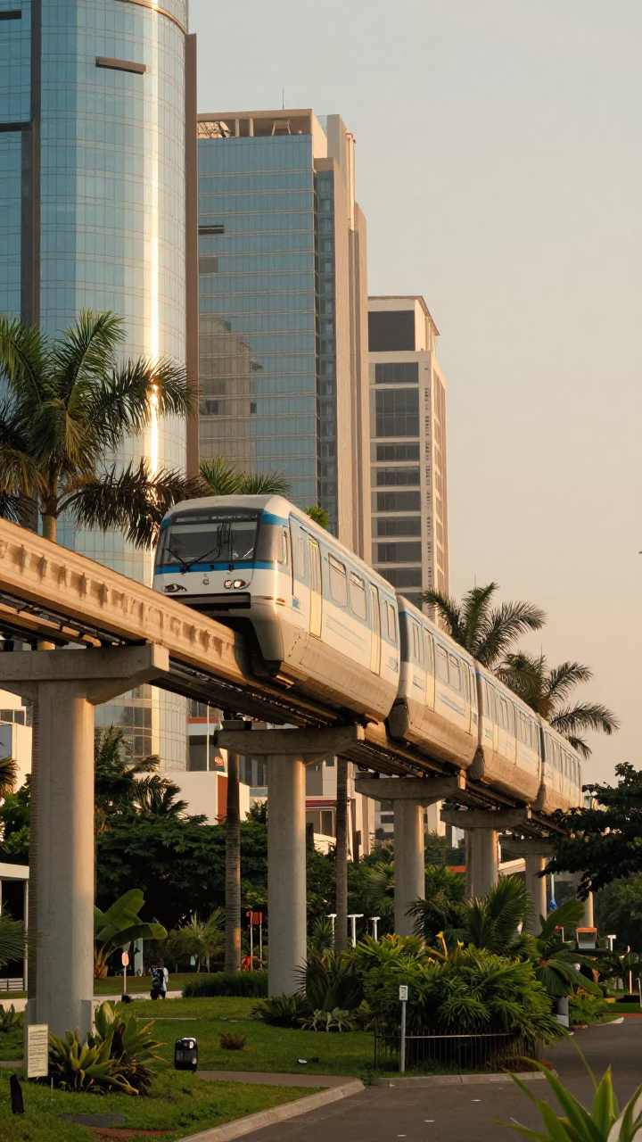 Durban Monorail Gliding Past Palm Trees and Glass Towers in Honeyed Evening Light in in Durban, South Africa