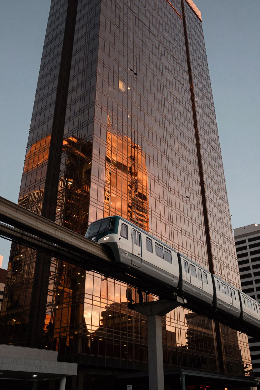 Durban Monorail Reflection in Glass Skyscraper Copper Light Before Dusk in in Durban, South Africa