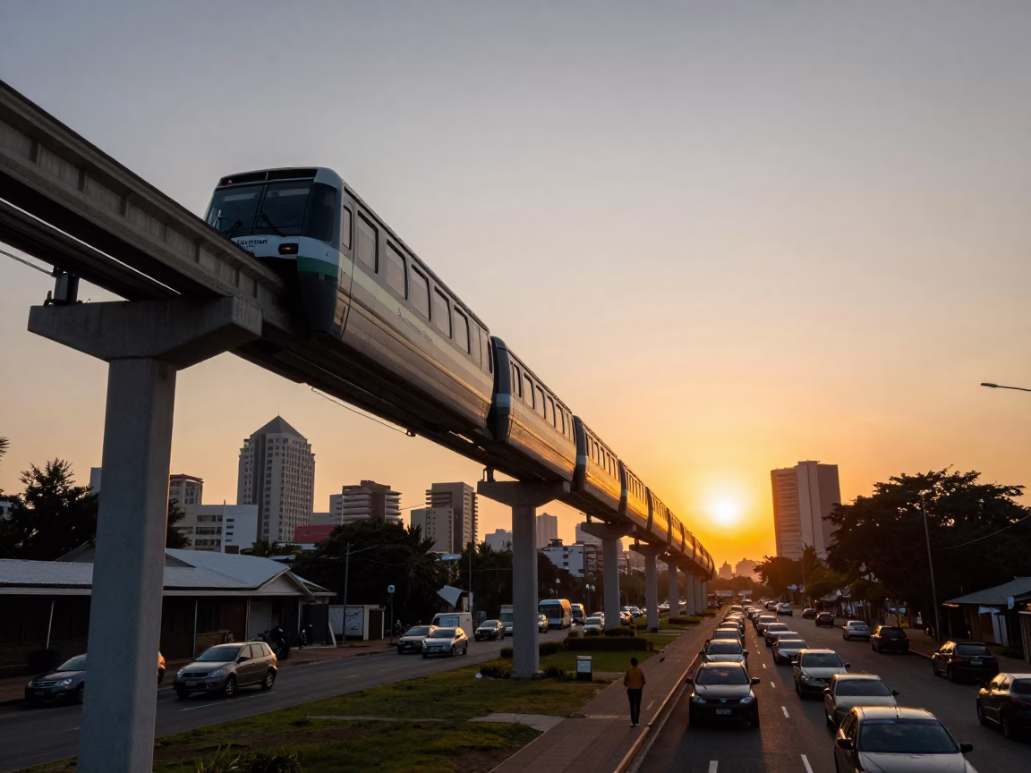 Durban Monorail Sunset Horizon Shot With City Street Traffic And Coastal Ambience in in Durban, South Africa