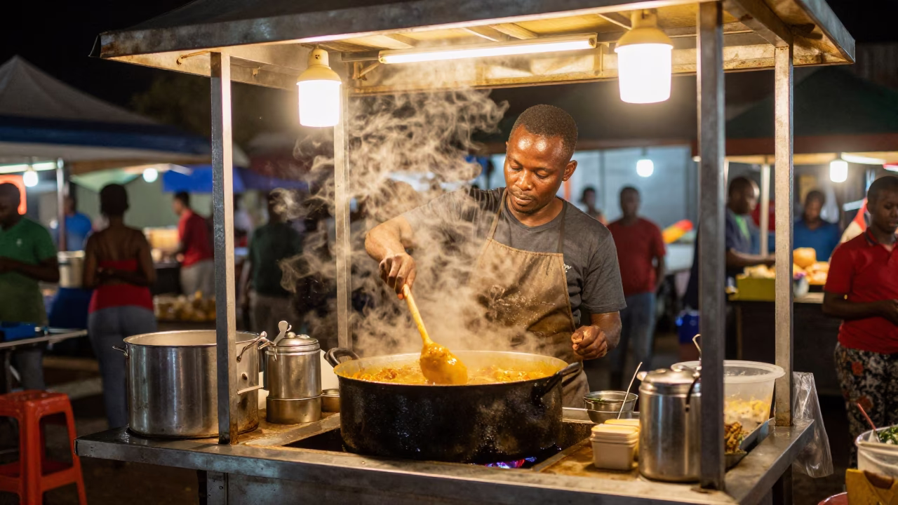Durban Night Market Street Food Vendor Cooking Under Streetlights in in Durban, South Africa