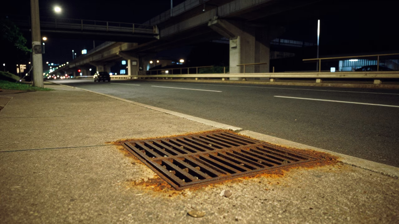 Durban Night Street Scene Rusty Drain and Highway Overpass Interchange Violet Sky in in Durban, South Africa