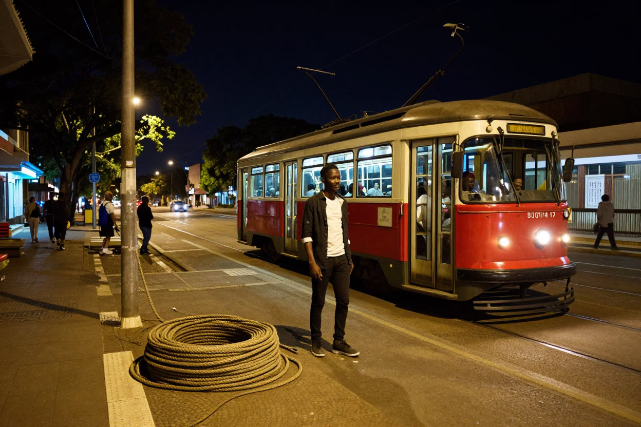 Durban Night Street Scene with Coiled Rope and Tramcar on Tree-Lined Boulevard in in Durban, South Africa