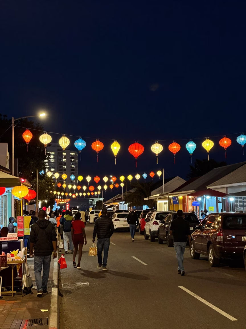 Durban Night Street Scene with Lantern Festival Lights and Local Market Activity in in Durban, South Africa