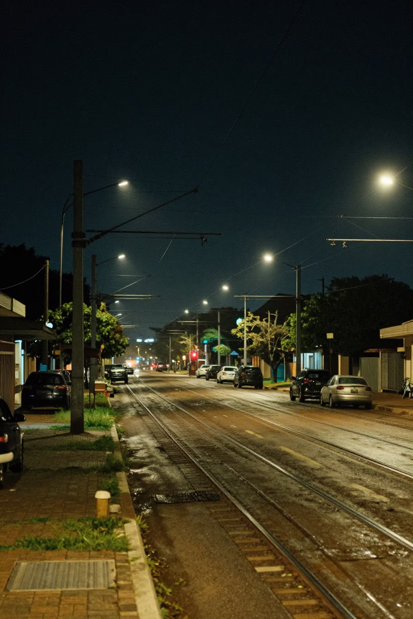 Durban Night Street Scene with Rail Catenary System and Industrial Fog in South Africa in in Durban, South Africa