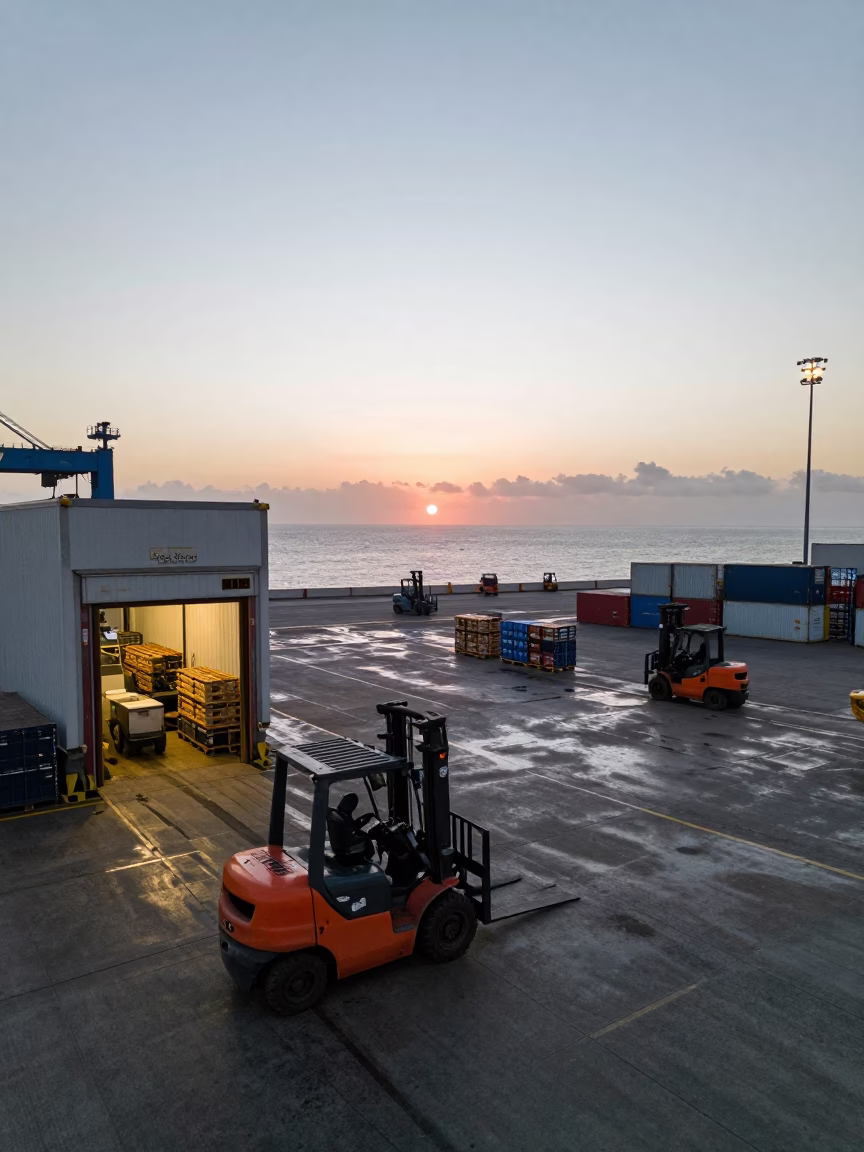 Durban Port Dawn Logistics with Forklifts and Pallets at Pre-Dawn Light in in Durban, South Africa