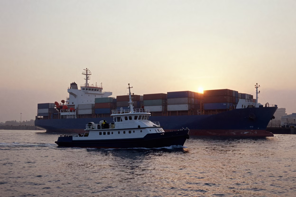 Durban Port Pilot Boat Guiding Container Ship at Sunrise with Tugboat Activity in in Durban, South Africa