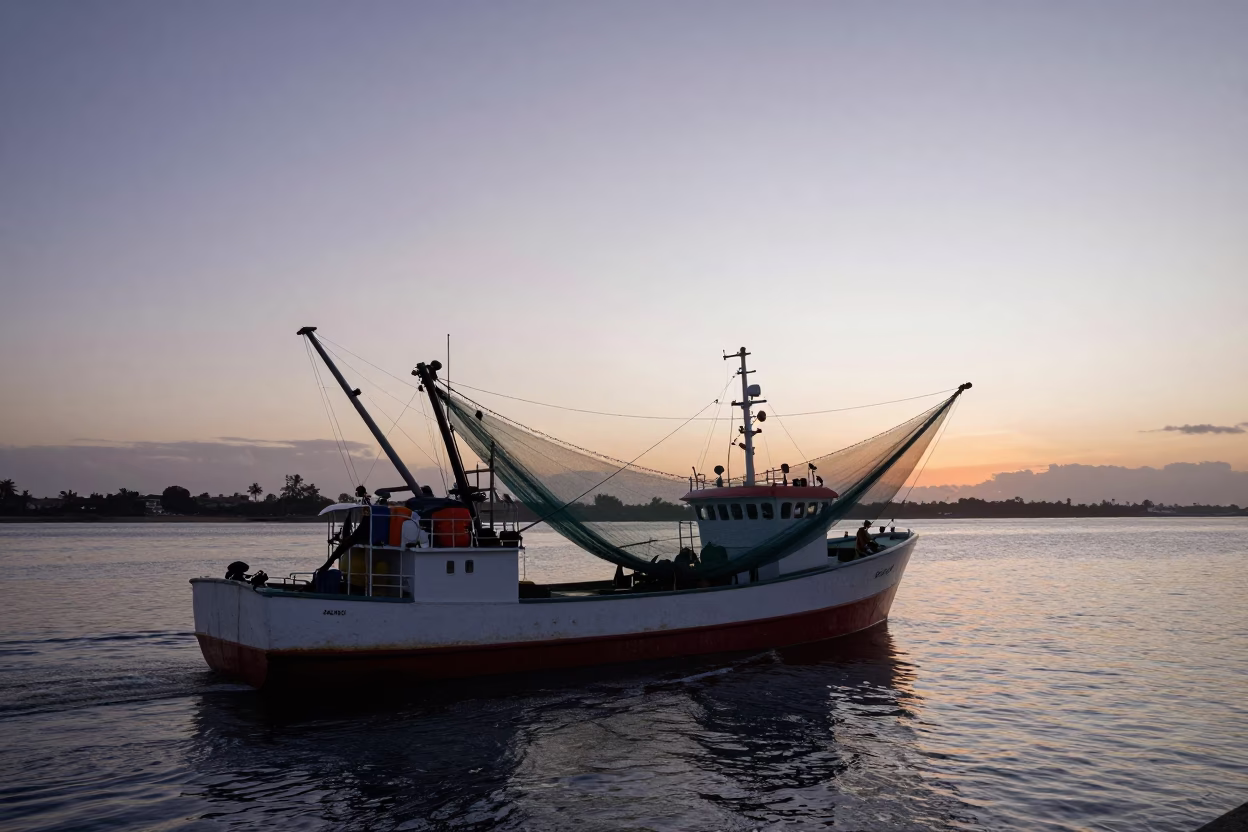 Durban Port Shrimp Trawler Nets Deployed at Dawn First Light in in Durban, South Africa