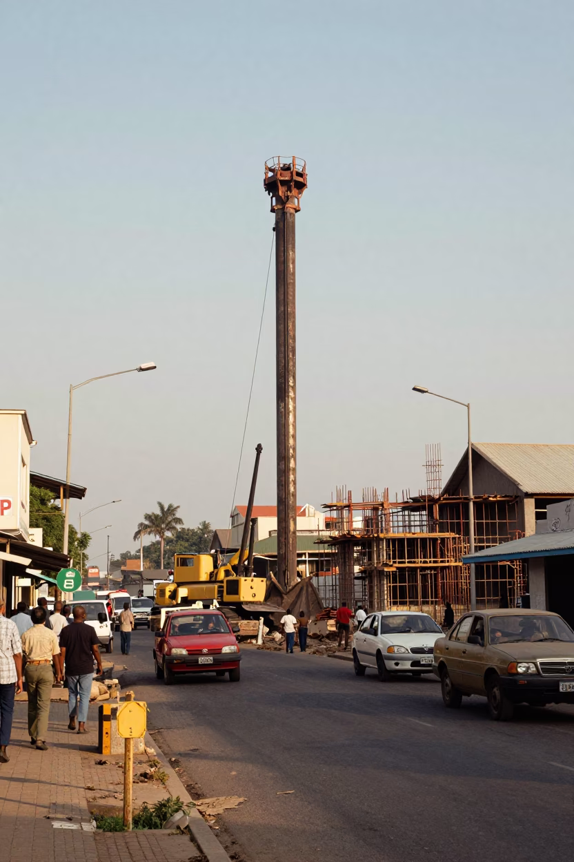 Durban South Africa 1960s Street Scene with Construction Pile Driver in Early Afternoon in in Durban, South Africa