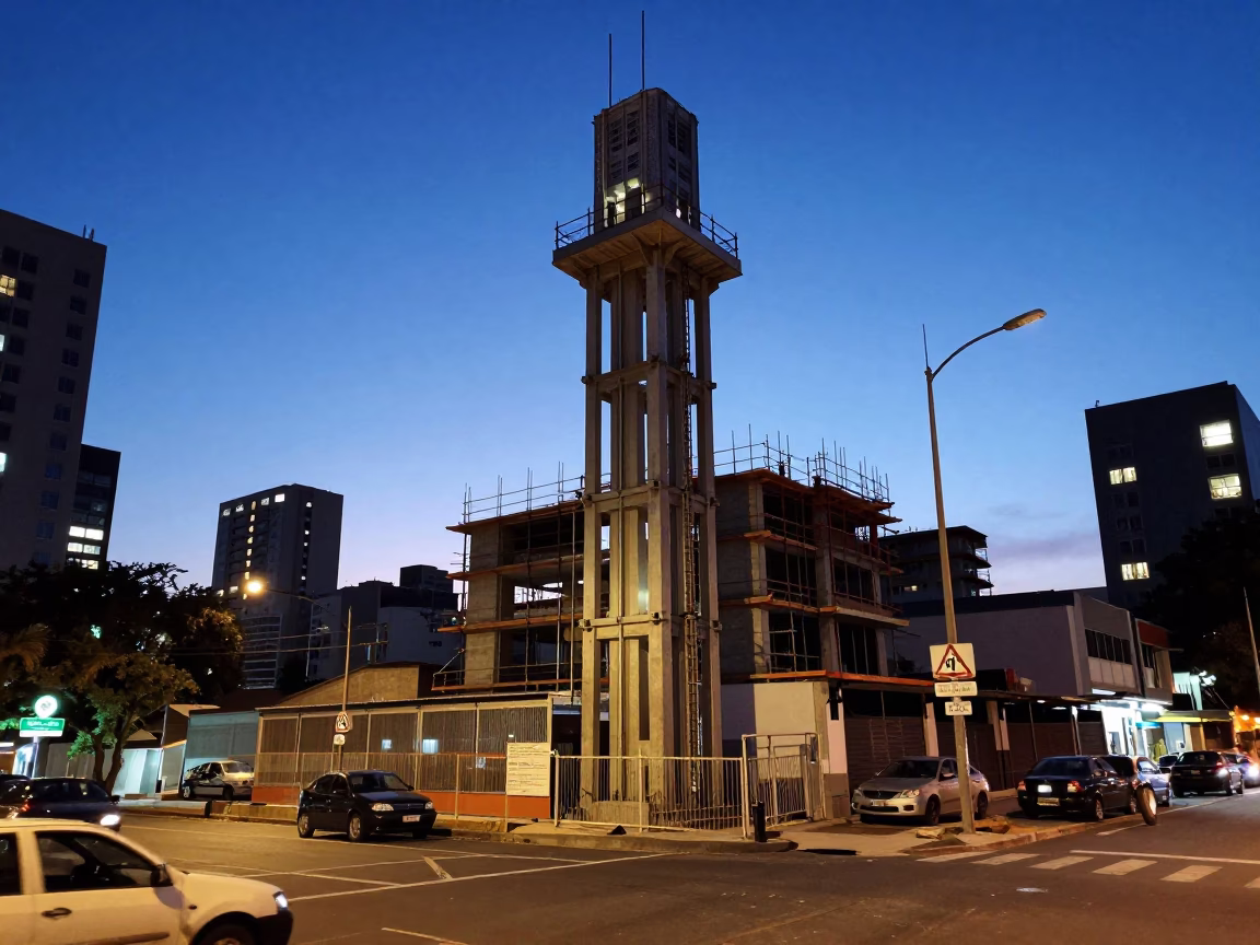 Durban South Africa Blue Hour Street Scene Construction Elevator and Urban Twilight in in Durban, South Africa