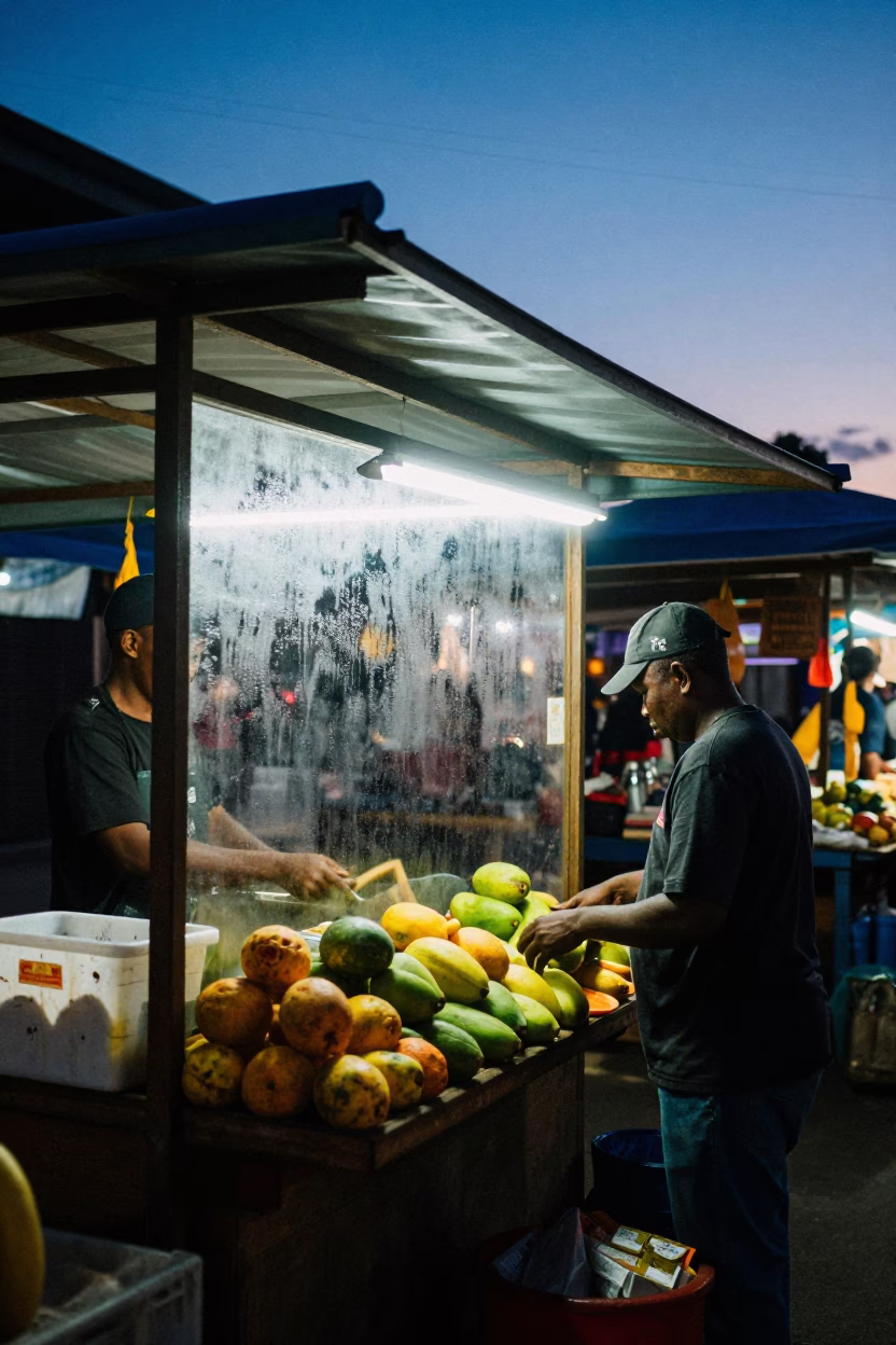 Durban South Africa Blue Hour Street Scene with Condensation on Glass and Local Vendor in in Durban, South Africa