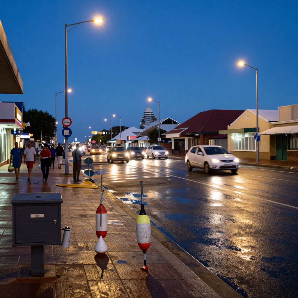 Durban South Africa Blue Hour Street Scene with Fishing Floats and Lockbox in in Durban, South Africa