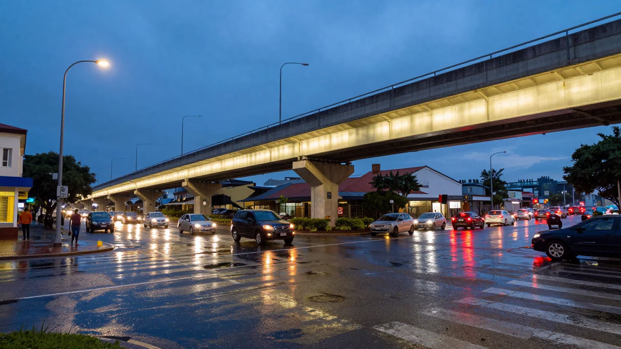 Durban South Africa Blue Hour Street Scene with Glowing Overpass and Rain in in Durban, South Africa