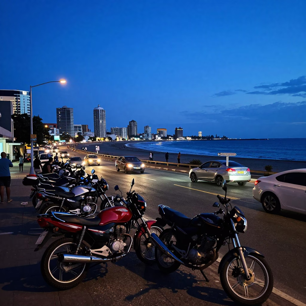 Durban South Africa Blue Hour Street Scene with Motorcycles and Coastal City Lights in in Durban, South Africa