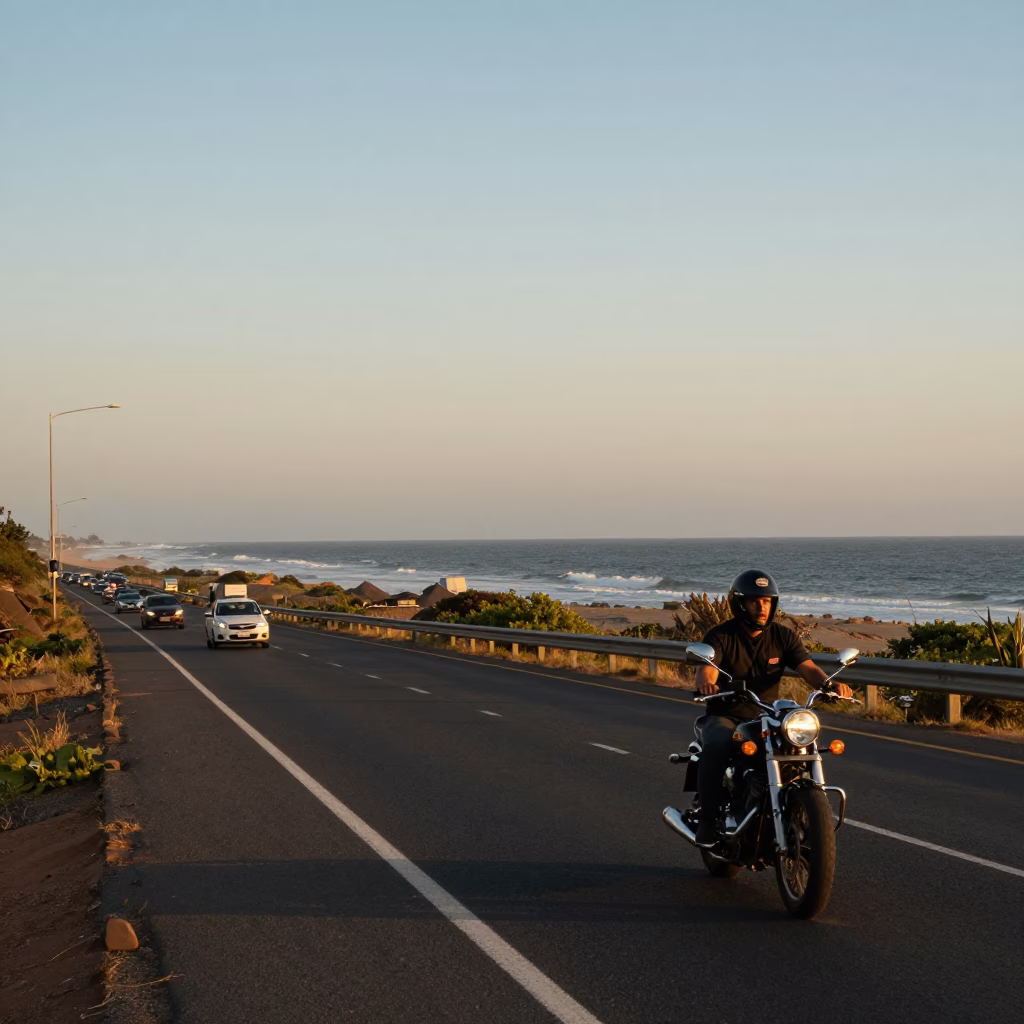 Durban South Africa Coastal Highway Evening Motorcycle Traffic Honeyed Light in in Durban, South Africa