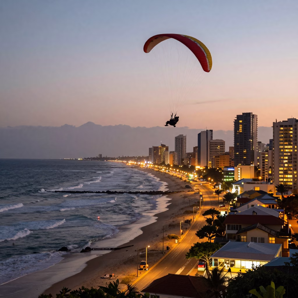 Durban South Africa Coastal Street Scene at Dusk with Paramotor and Urban Activity in in Durban, South Africa