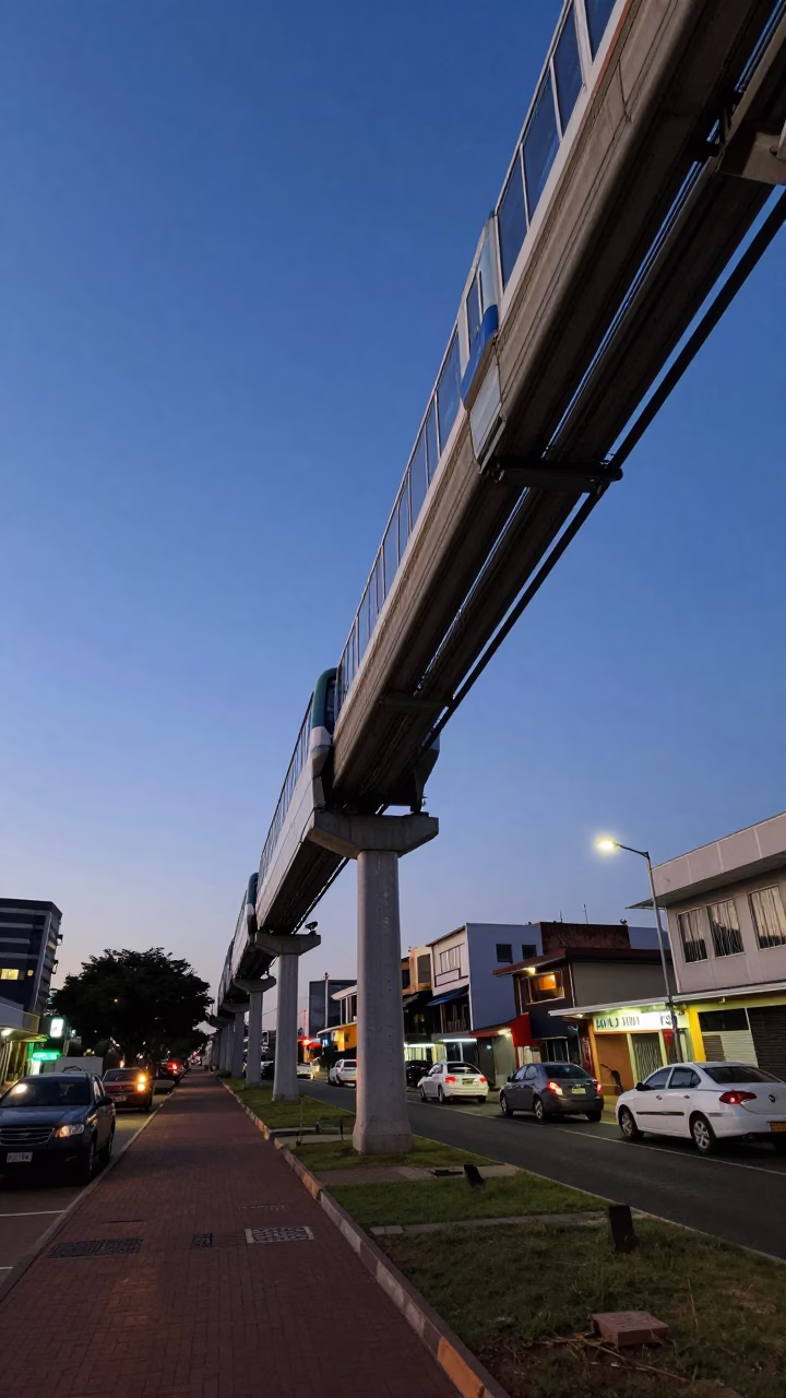 Durban South Africa Dawn Monorail Track Over City Street Before Sunrise in in Durban, South Africa