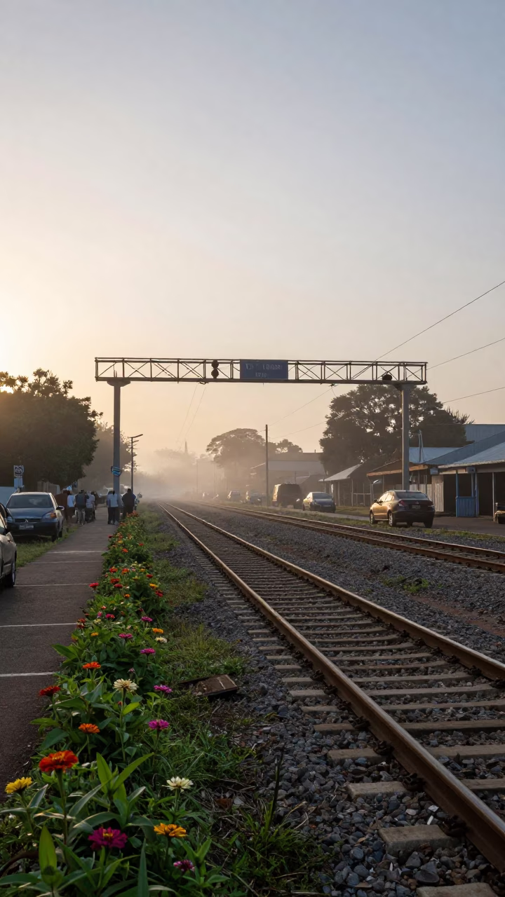 Durban South Africa Dawn Signal Gantry Rail Lines Mist and Zinnias Street Scene in in Durban, South Africa