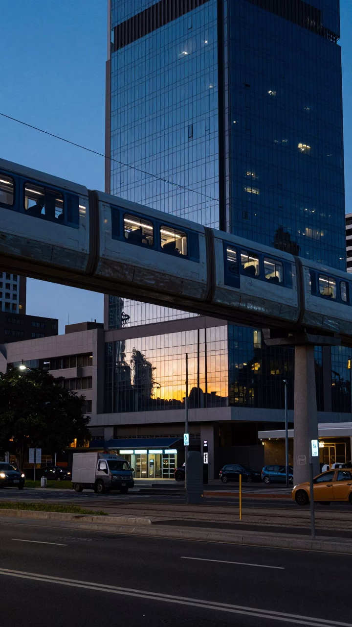 Durban South Africa Dawn Street Scene with Monorail Reflection in Glass Skyscraper in in Durban, South Africa