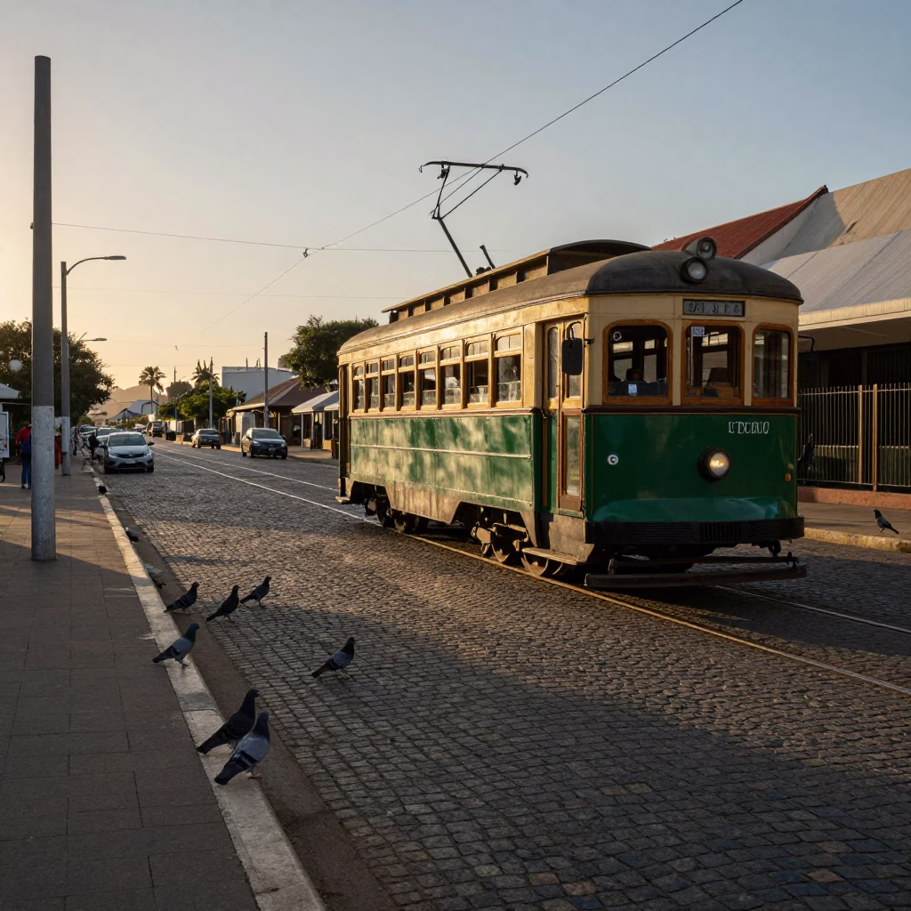 Durban South Africa Early Evening Street Scene with Heritage Tram and Pigeons in in Durban, South Africa