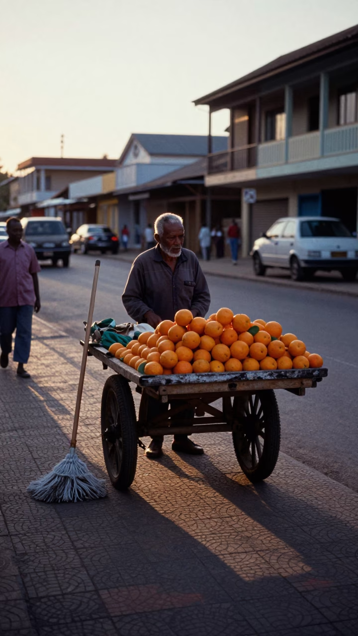 Durban South Africa Early Evening Street Scene with Oranges and Mops in in Durban, South Africa