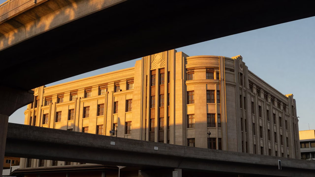 Durban South Africa Evening Art Deco Hotel Facade Under Flyover Shadows in in Durban, South Africa