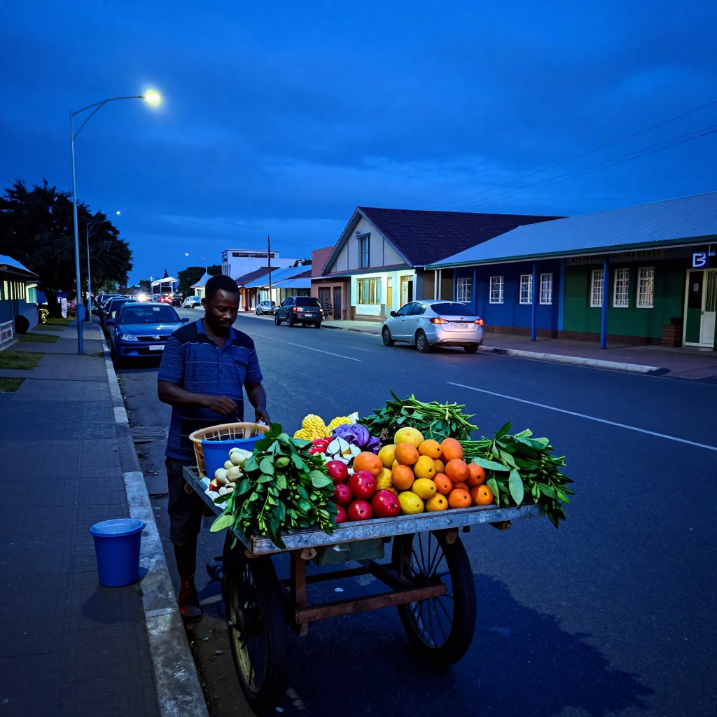 Durban South Africa Evening Blue Light Street Scene with Local Street Vendor and Zinnias in in Durban, South Africa