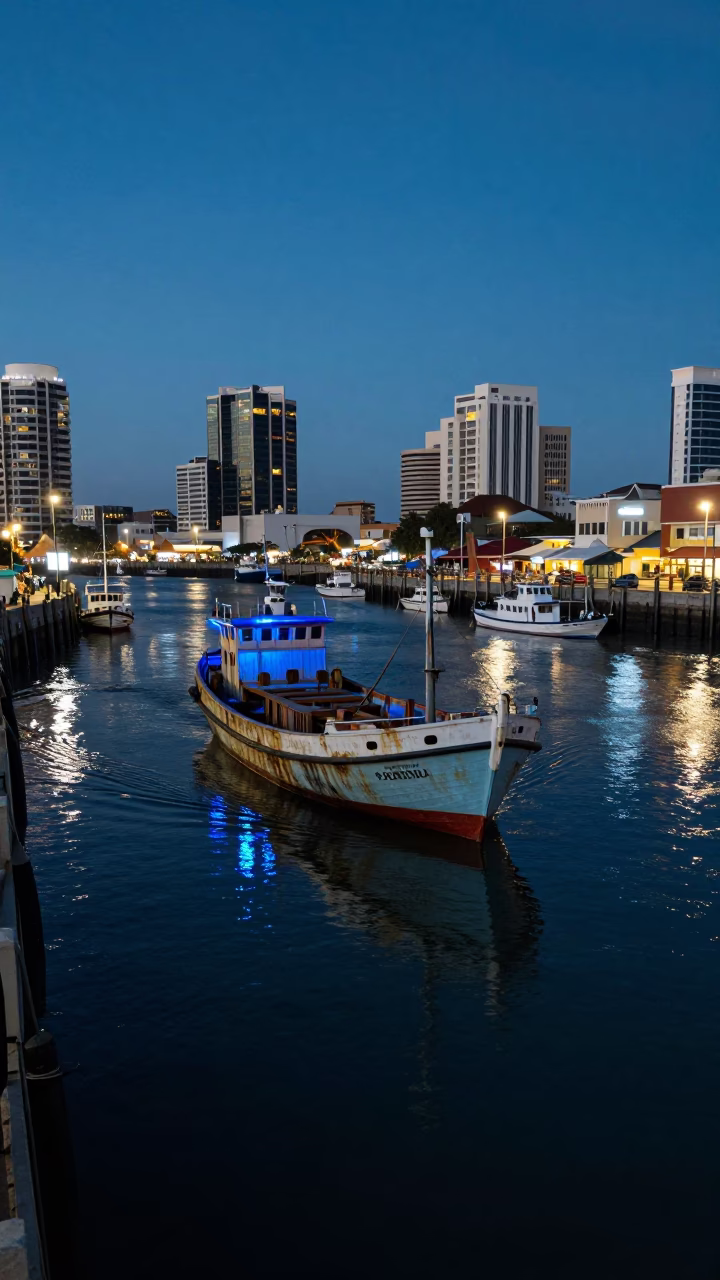 Durban South Africa evening harbor junk boat blue light tidal channel in in Durban, South Africa