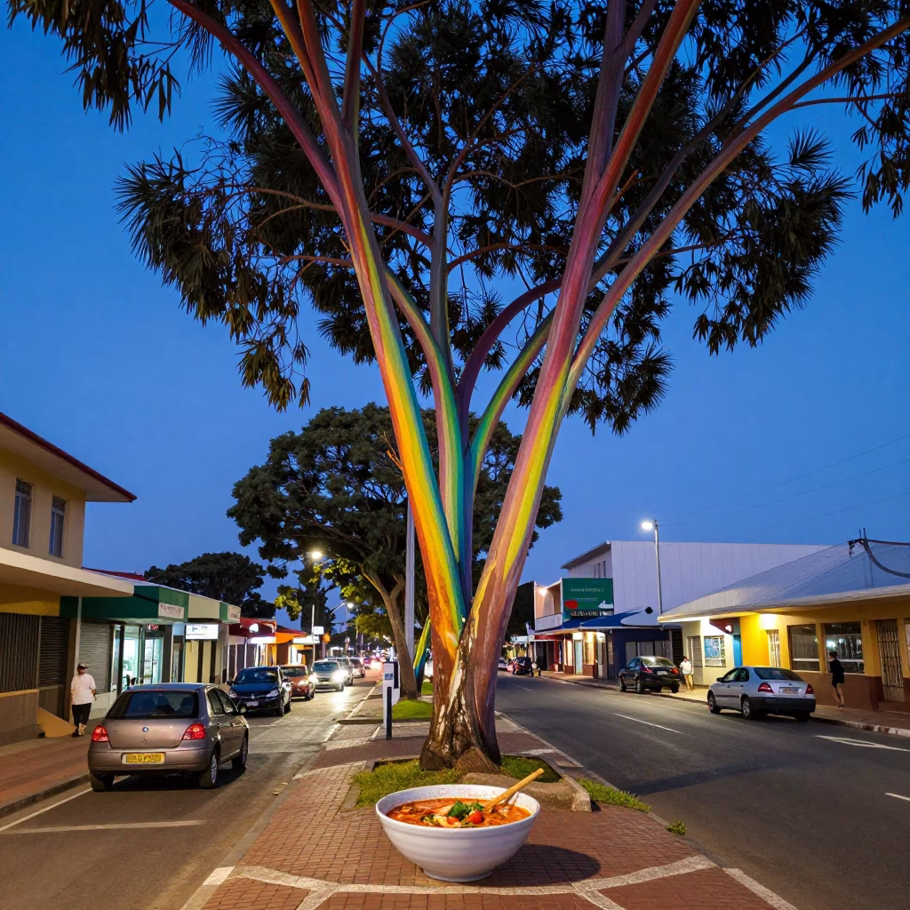 Durban South Africa Evening Rainbow Eucalyptus Street Scene with Laksa Bowl in in Durban, South Africa