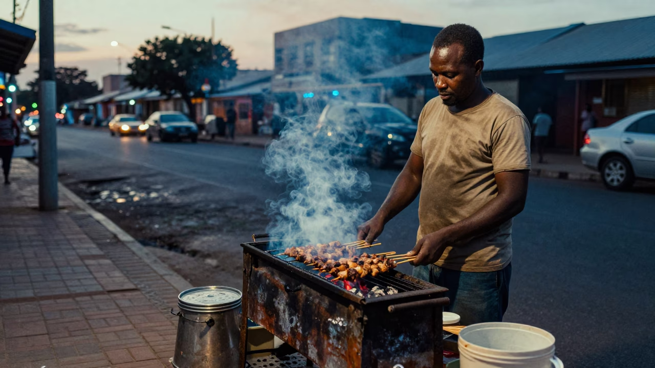 Durban South Africa Evening Street Kebab Grill Smoke Blue Light in in Durban, South Africa
