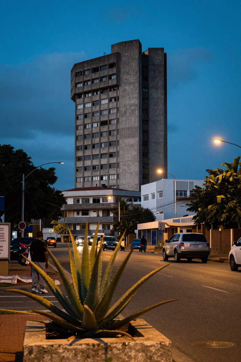 Durban South Africa Evening Street Scene with Aloe Vera and Concrete Tower in in Durban, South Africa