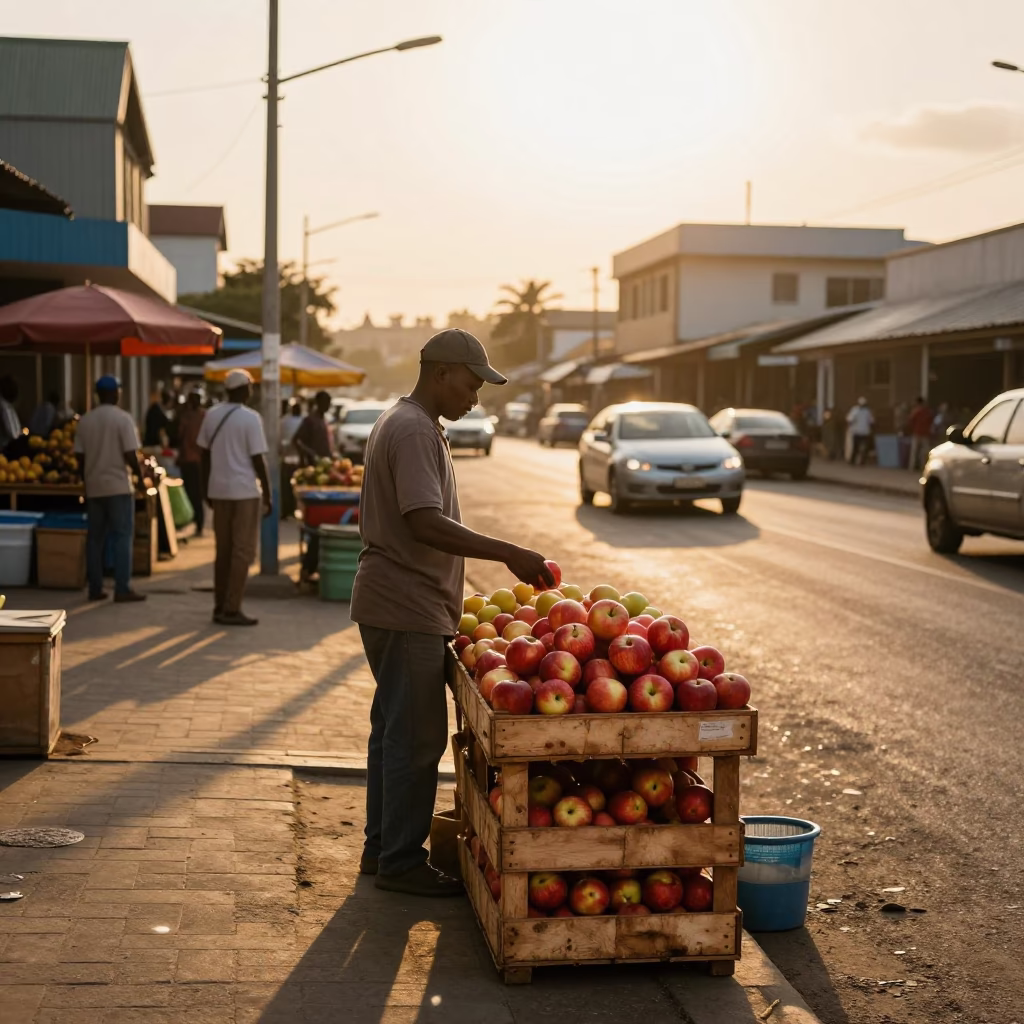 Durban South Africa Evening Street Scene with Apples and Local Market Activity in in Durban, South Africa