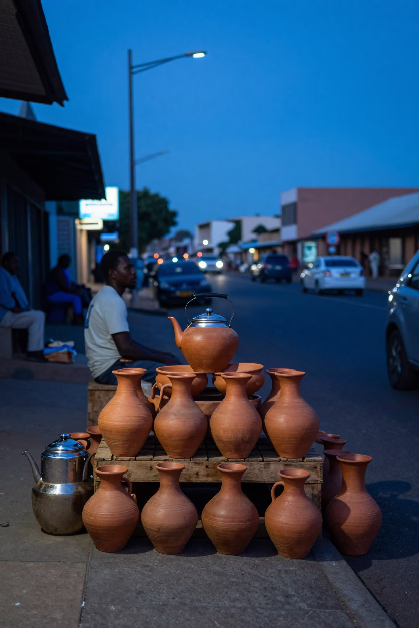 Durban South Africa Evening Street Scene with Clay Pots and Kettle in in Durban, South Africa