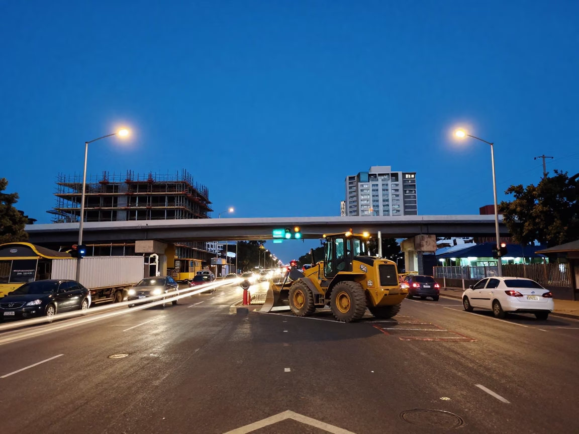 Durban South Africa evening street scene with construction and traffic lights in in Durban, South Africa
