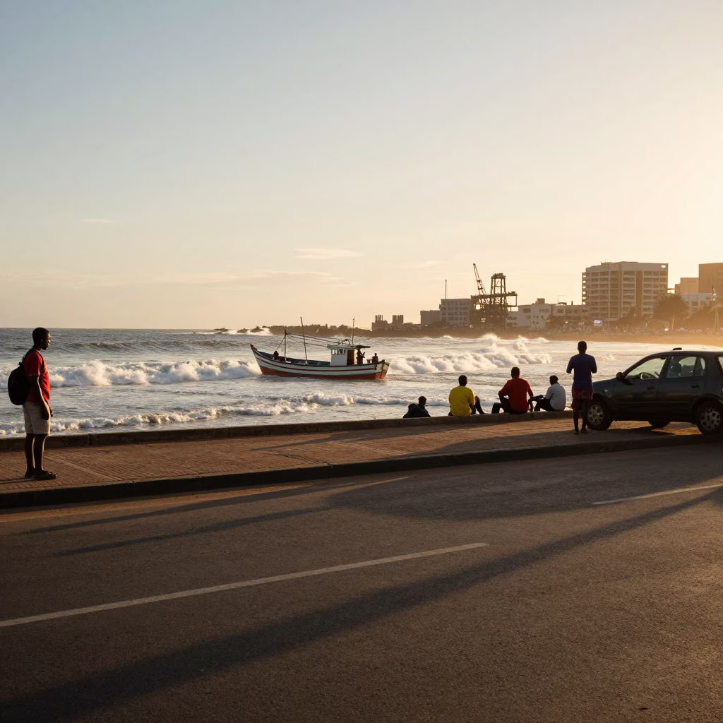 Durban South Africa Evening Street Scene with Fishing Boat and Construction Pile Driver in in Durban, South Africa