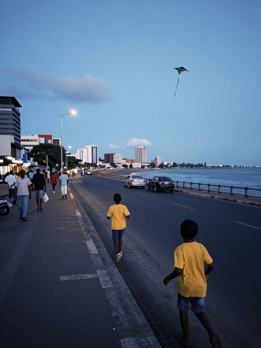 Durban South Africa Evening Street Scene with Kite Flyer and River Walkway in in Durban, South Africa