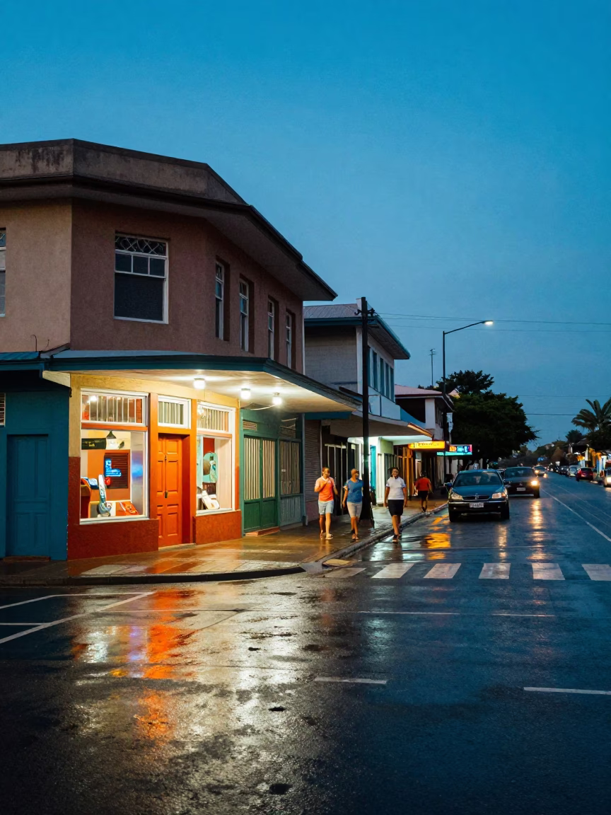Durban South Africa Evening Street Scene with Vintage 1950s Color Photography Aesthetic in in Durban, South Africa