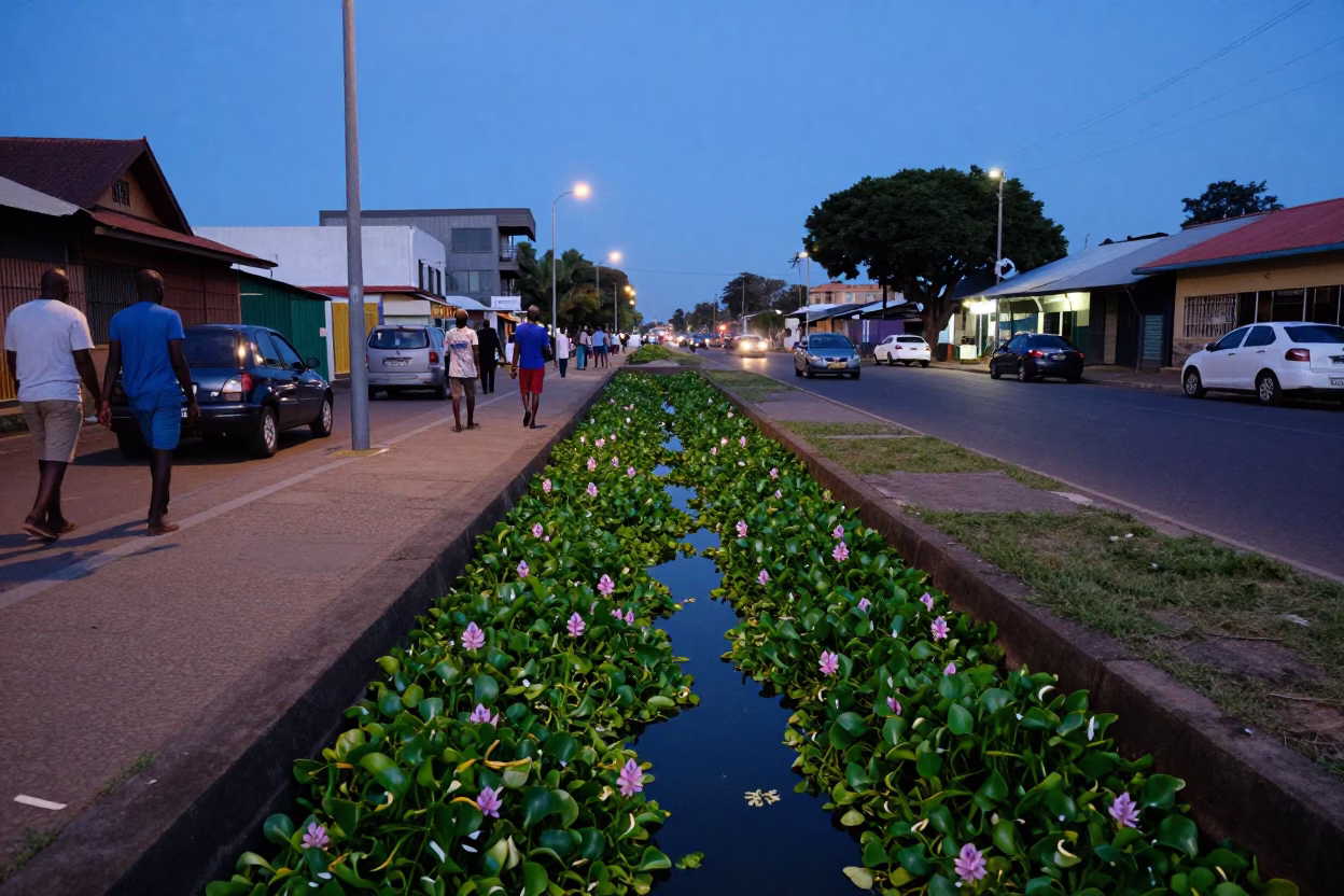 Durban South Africa Evening Street Scene with Water Hyacinth and Local Life in in Durban, South Africa